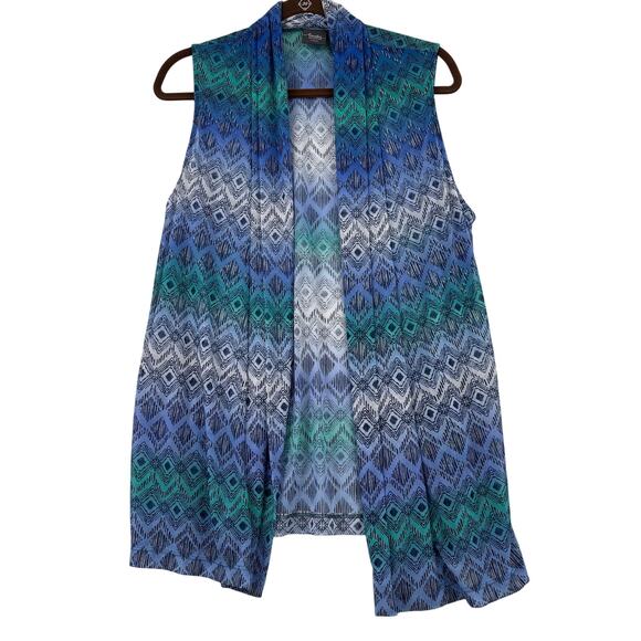 Chico's Travelers Vest Size M Blue Print Sleeveless Open Front Cardigan Topper - Picture 1 of 10